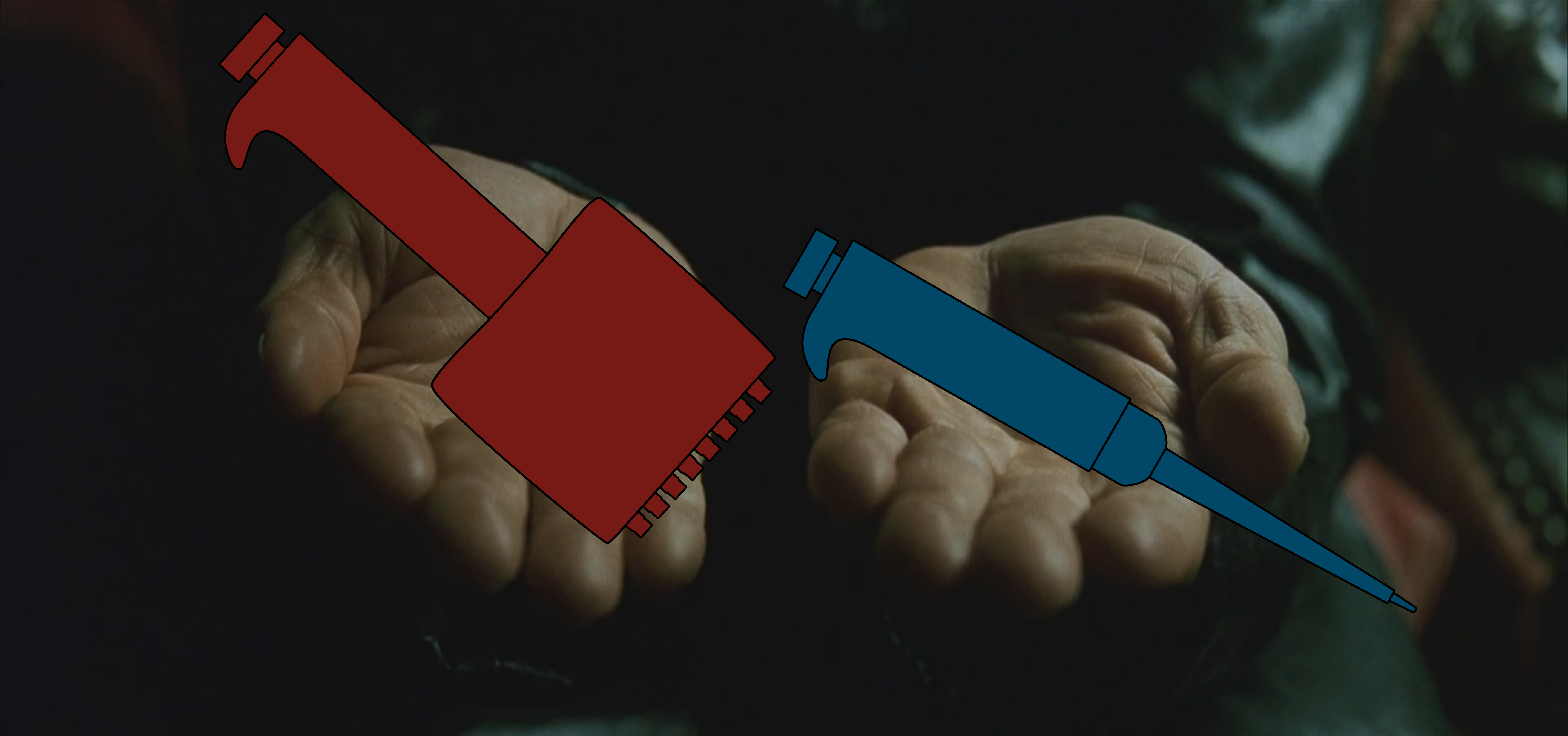 Man holding a multi-channel pipette in the right hand and a single channel pipette in the left hand. These are held out to the viewer.