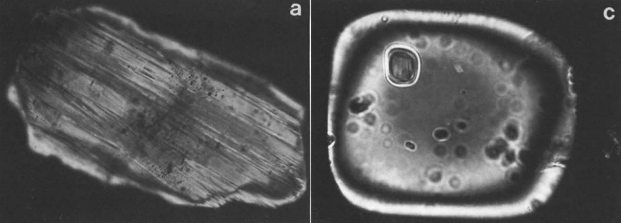 Meteor impacts can result in impactite known as shocked quartz. (a) Shocked quartz found in Haiti showing striations. (c) shows unshocked quartz. Figure adapted from Fig. 4 Kring et al., 1994 (https://doi.org/10.1016/0012-821X(94)90175-9)